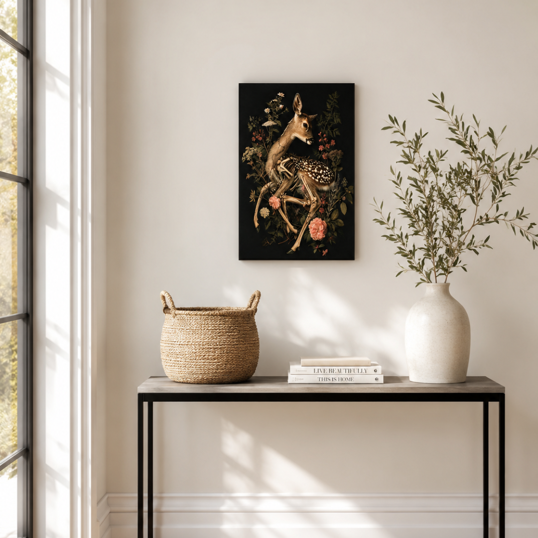 Gothic Deer Skeleton Floral Canvas Print