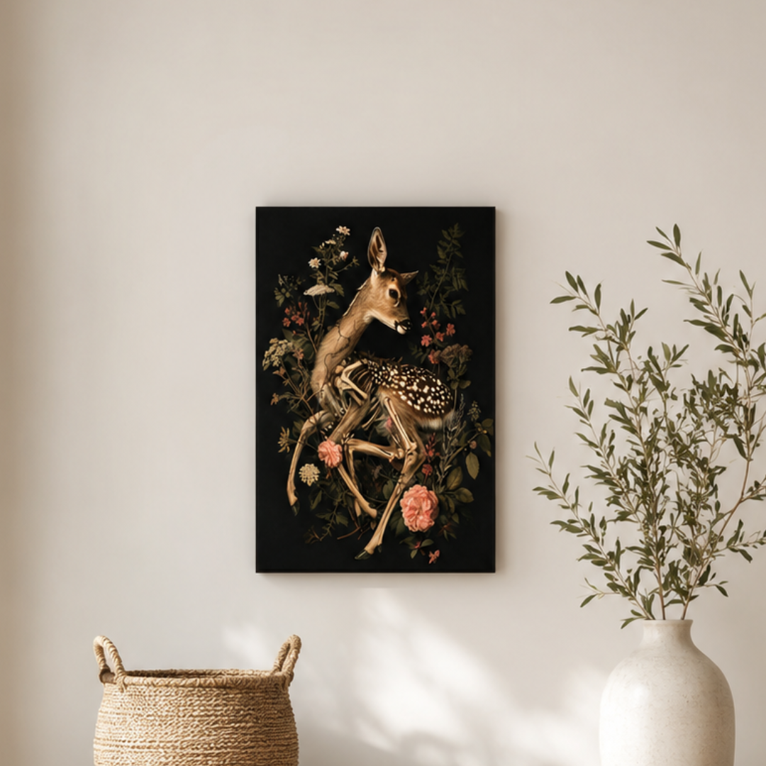 Gothic Deer Skeleton Floral Canvas Print