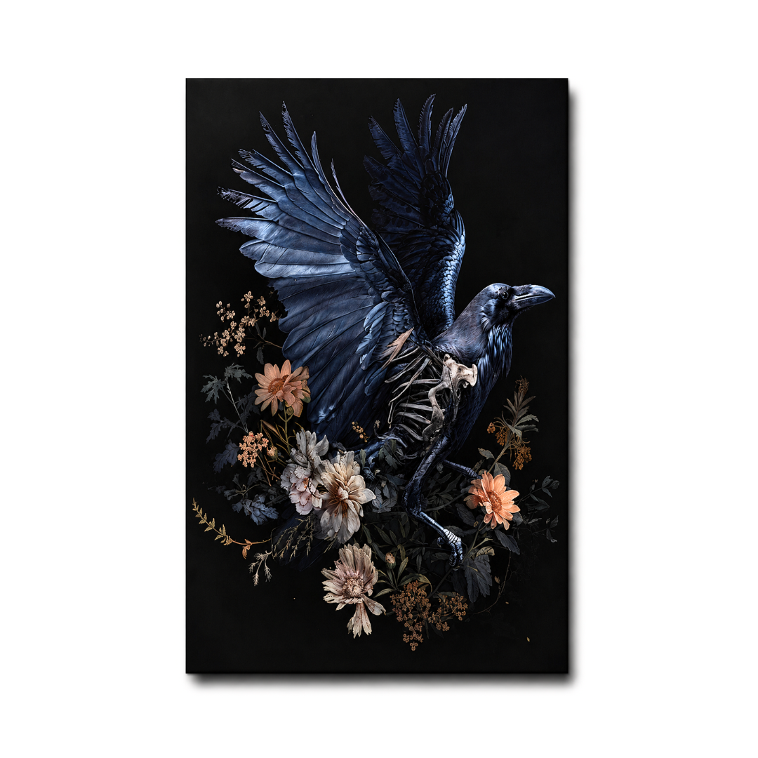 Gothic Raven Skeleton Floral Canvas Print