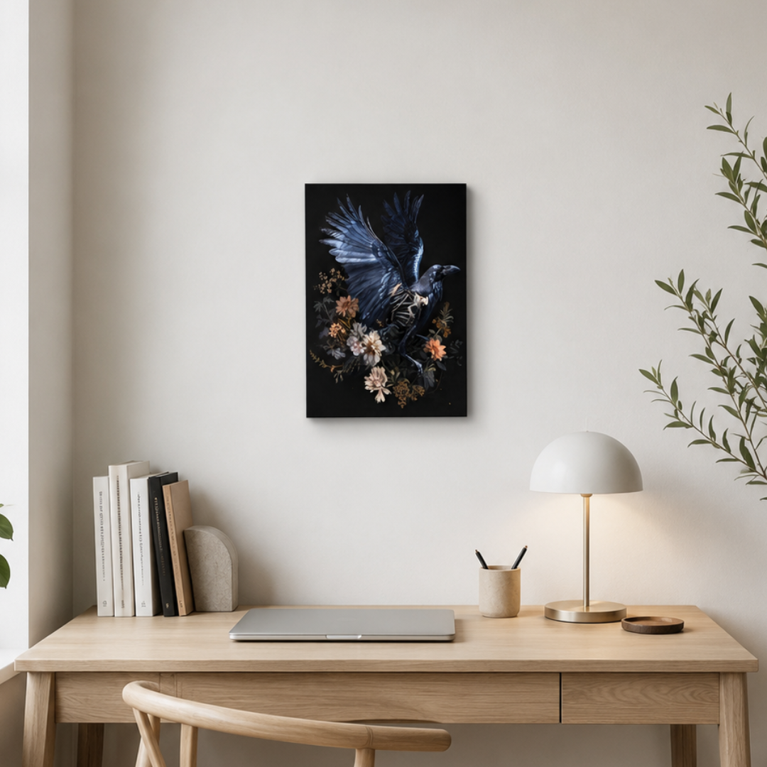 Gothic Raven Skeleton Floral Canvas Print