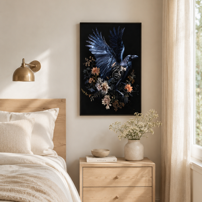 Gothic Raven Skeleton Floral Canvas Print