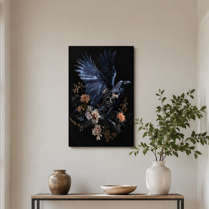 Gothic Raven Skeleton Floral Canvas Print