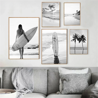 Beach Girl, Surfboard, Palm Trees Canvas Print