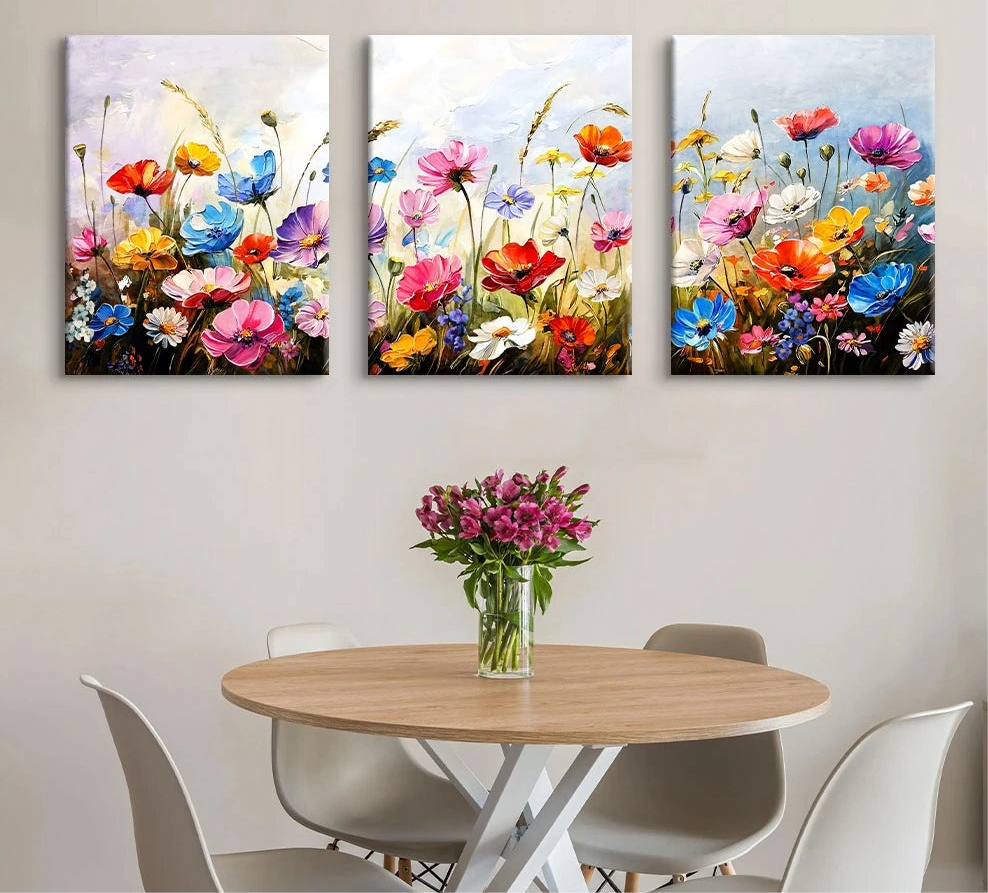 Colorful Flower Field Botanical Canvas Print - Set Of 3