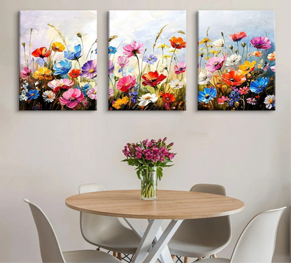Colorful Flower Field Botanical Canvas Print - Set Of 3