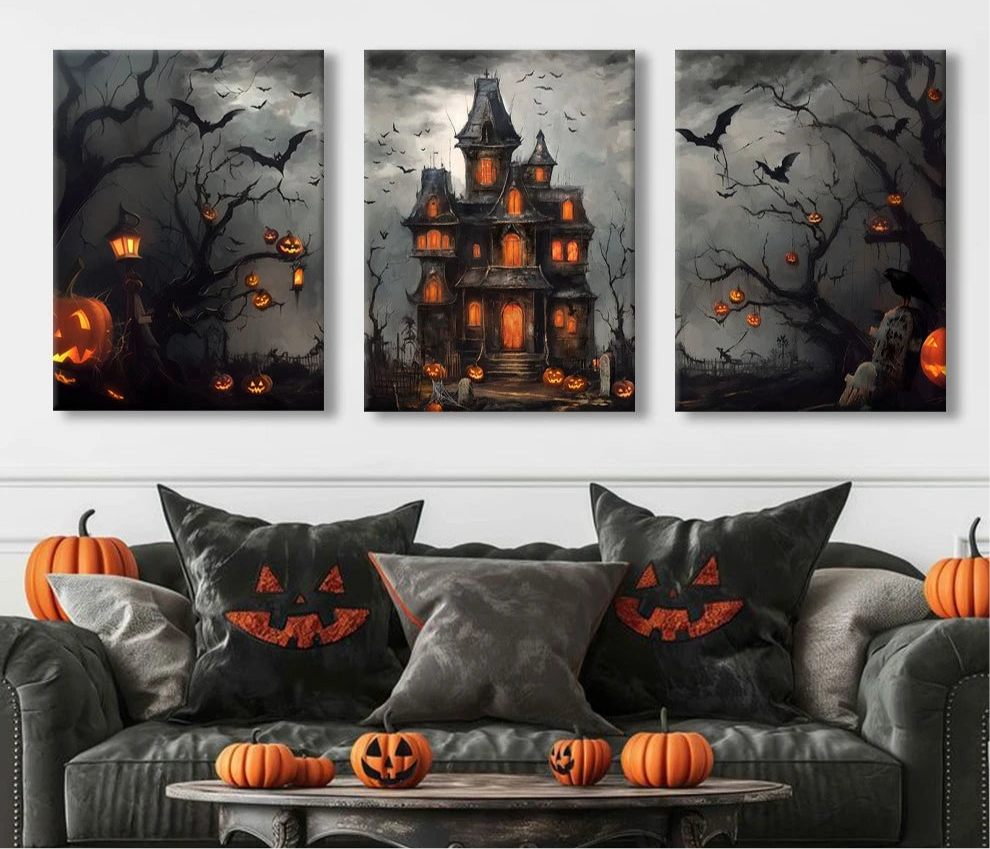 Vintage dark castle with bats Halloween canvas wall art