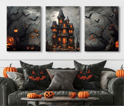 Vintage dark castle with bats Halloween canvas wall art