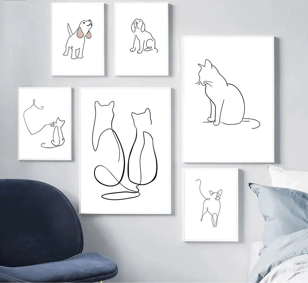 minimalist black and white cat and dog line art canvas wall art