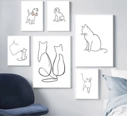 minimalist black and white cat and dog line art canvas wall art