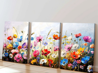 Colorful Flower Field Botanical Canvas Print - Set Of 3
