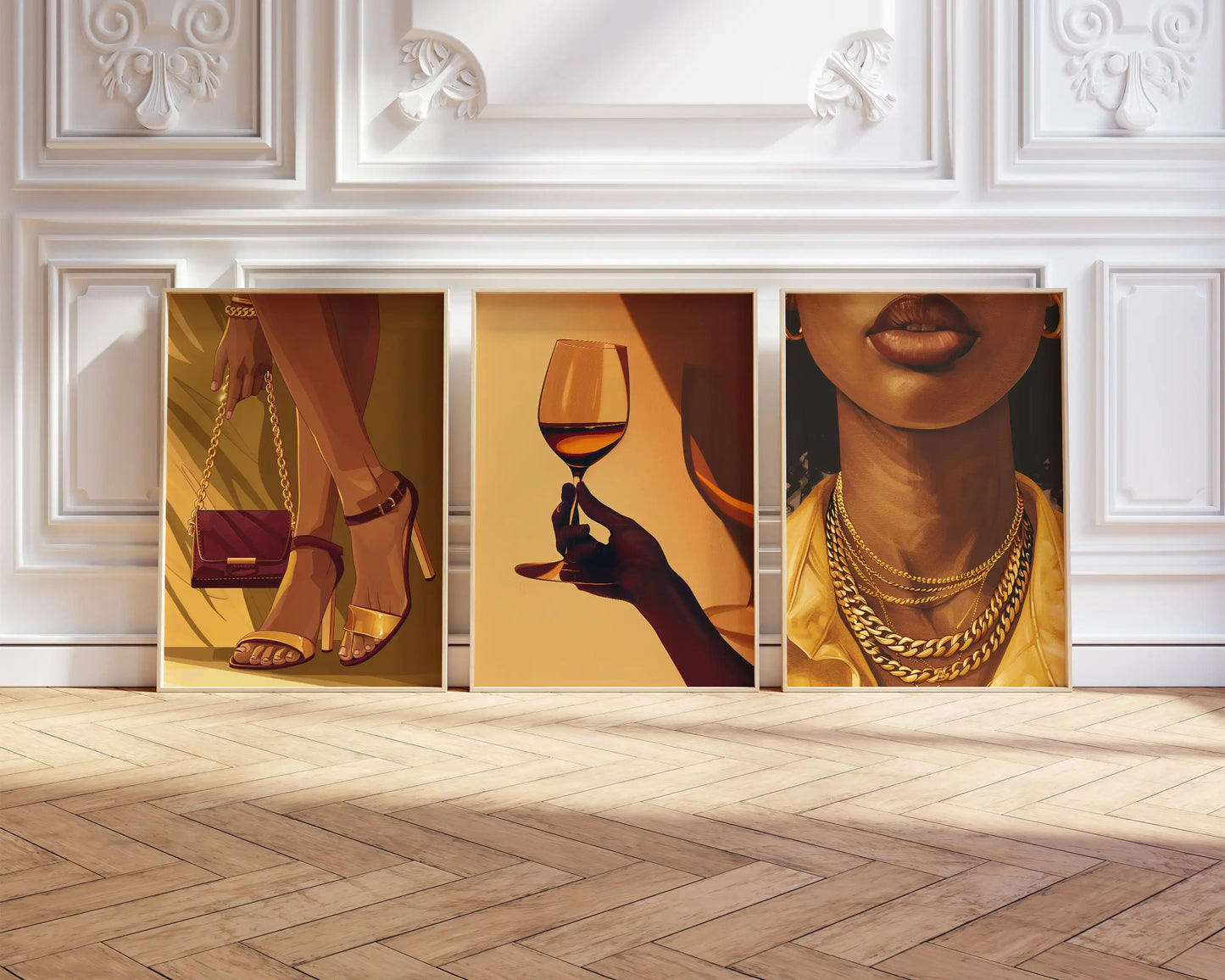 Three-piece canvas of an African woman holding a wine glass