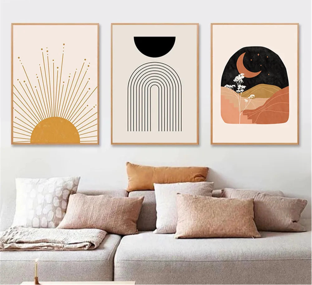 boho terracotta mustard sun with leaf geometric canvas wall art