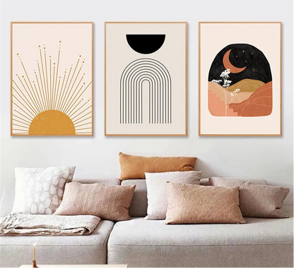 boho terracotta mustard sun with leaf geometric canvas wall art