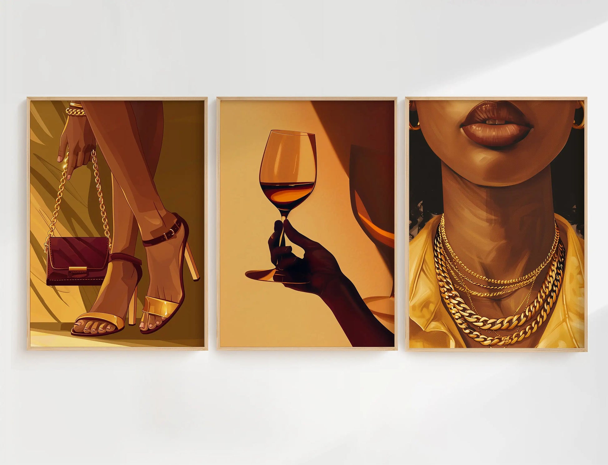 Three-piece canvas of an African woman holding a wine glass