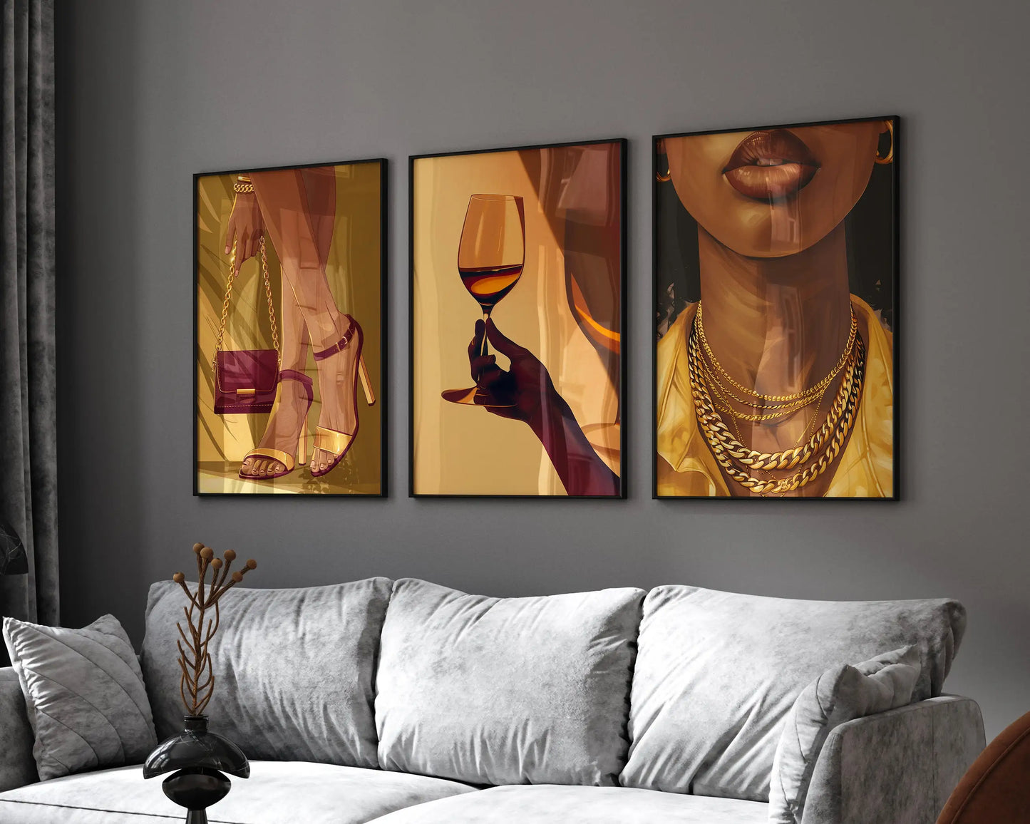Three-piece canvas of an African woman holding a wine glass