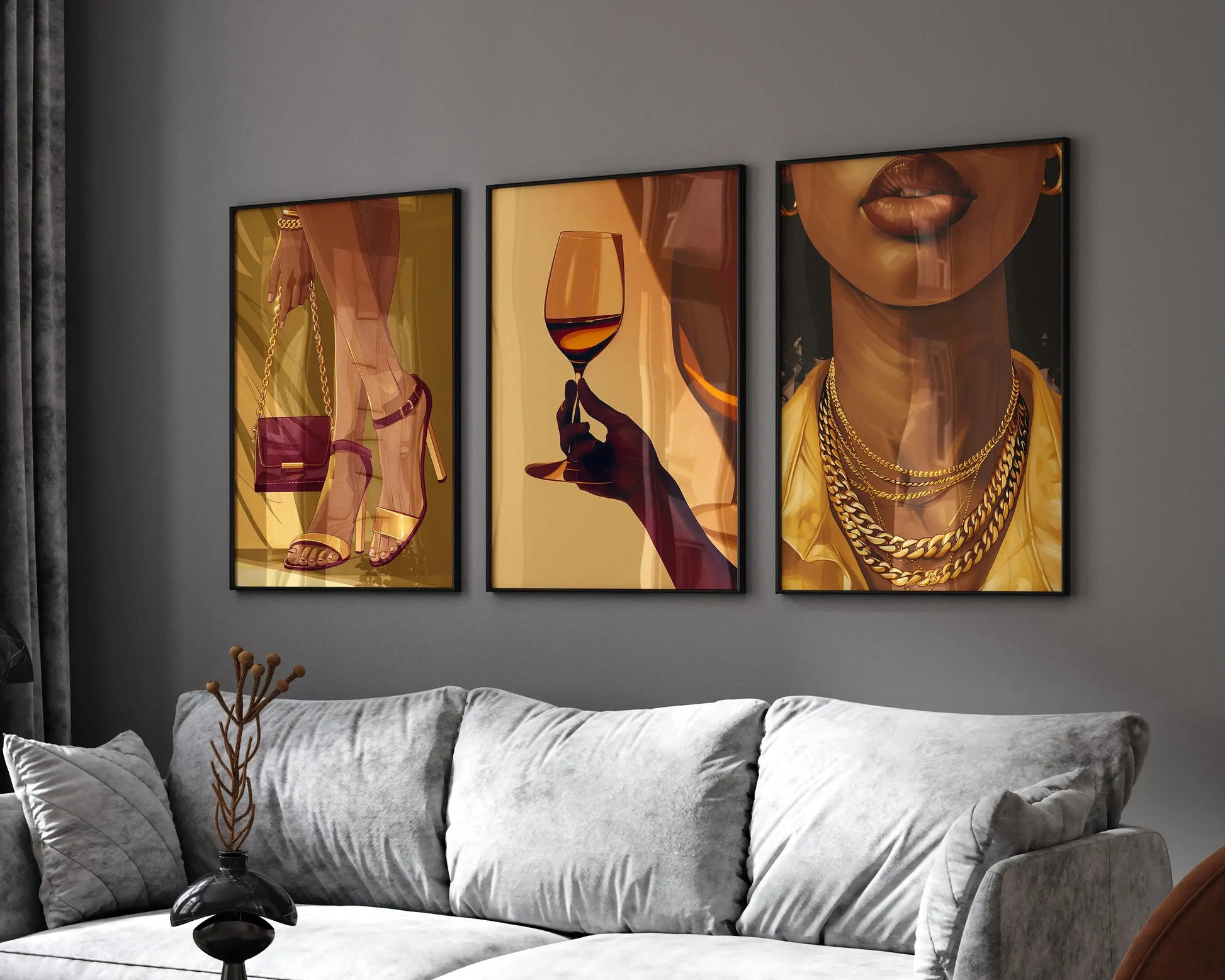 Three-piece canvas of an African woman holding a wine glass
