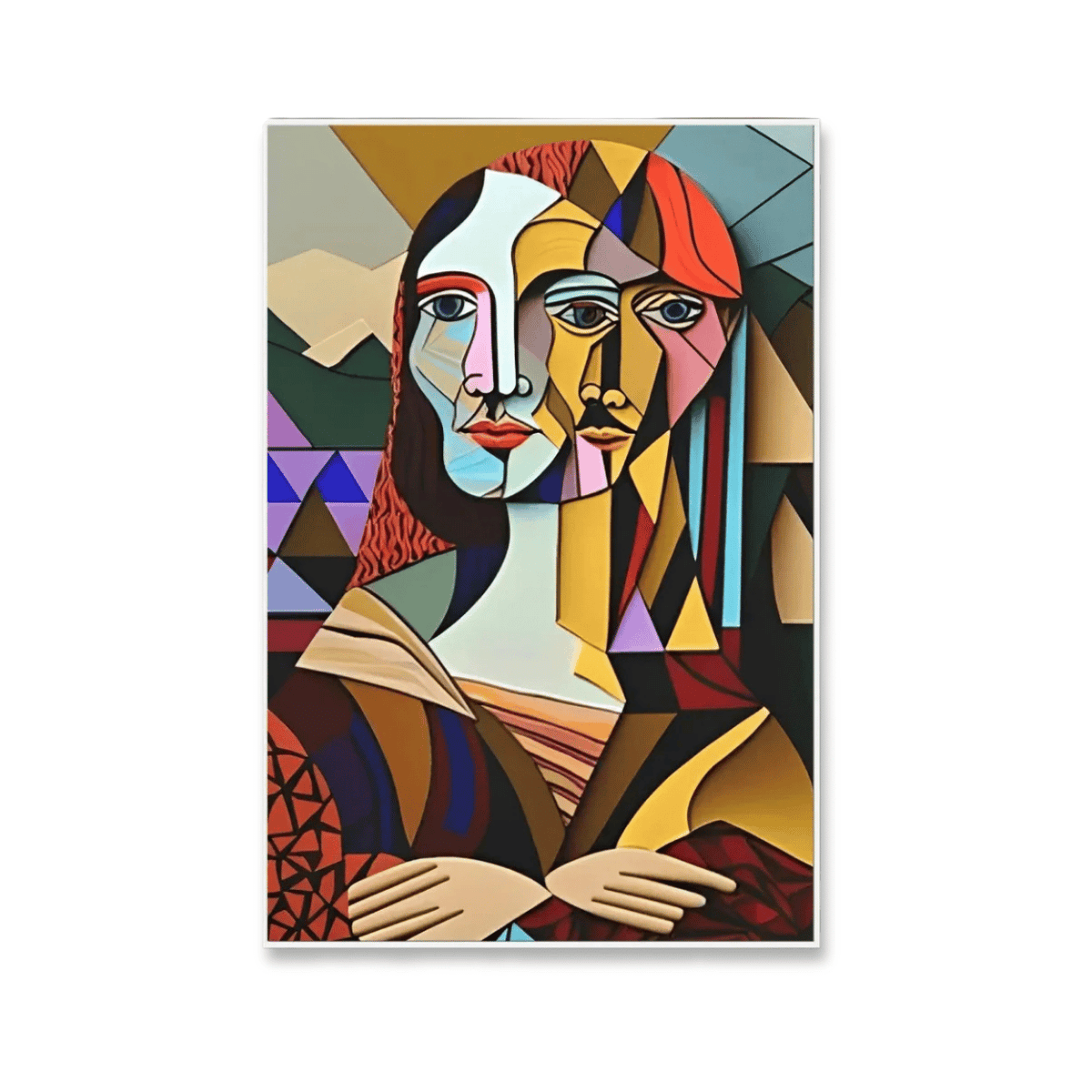 A framed abstract portrait artwork featuring two stylized faces in a geometric, cubist-inspired style. The composition uses many bold colors including red, yellow, blue, black, beige, and brown, with a white border around the print on a light gray background.