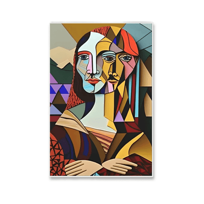 A framed abstract portrait artwork featuring two stylized faces in a geometric, cubist-inspired style. The composition uses many bold colors including red, yellow, blue, black, beige, and brown, with a white border around the print on a light gray background.