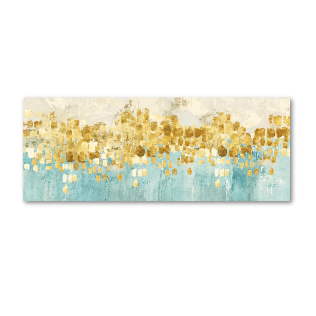 Abstract canvas wall art featuring a textured horizontal composition with a light blue lower section, a cream upper section, and a central band of metallic gold brushstrokes and dots.