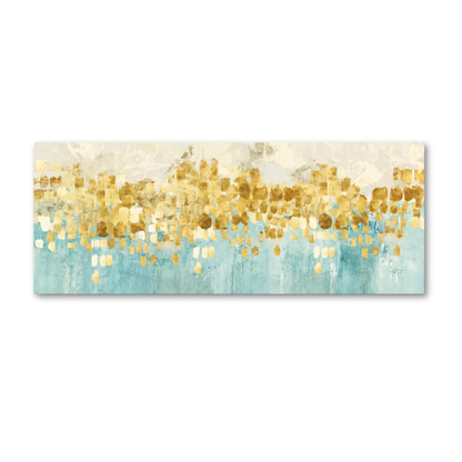 Abstract canvas wall art featuring a textured horizontal composition with a light blue lower section, a cream upper section, and a central band of metallic gold brushstrokes and dots.
