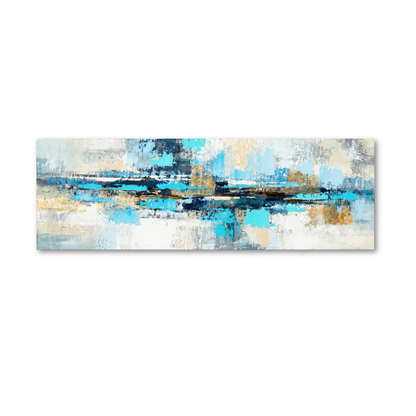 Abstract canvas wall art featuring horizontal brushstrokes in blue, teal, cream, and gold tones, displayed against a plain white background.