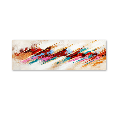 Abstract canvas wall art featuring expressive diagonal brushstrokes in red, blue, pink, brown, and gold on a cream background, shown against a plain white wall.