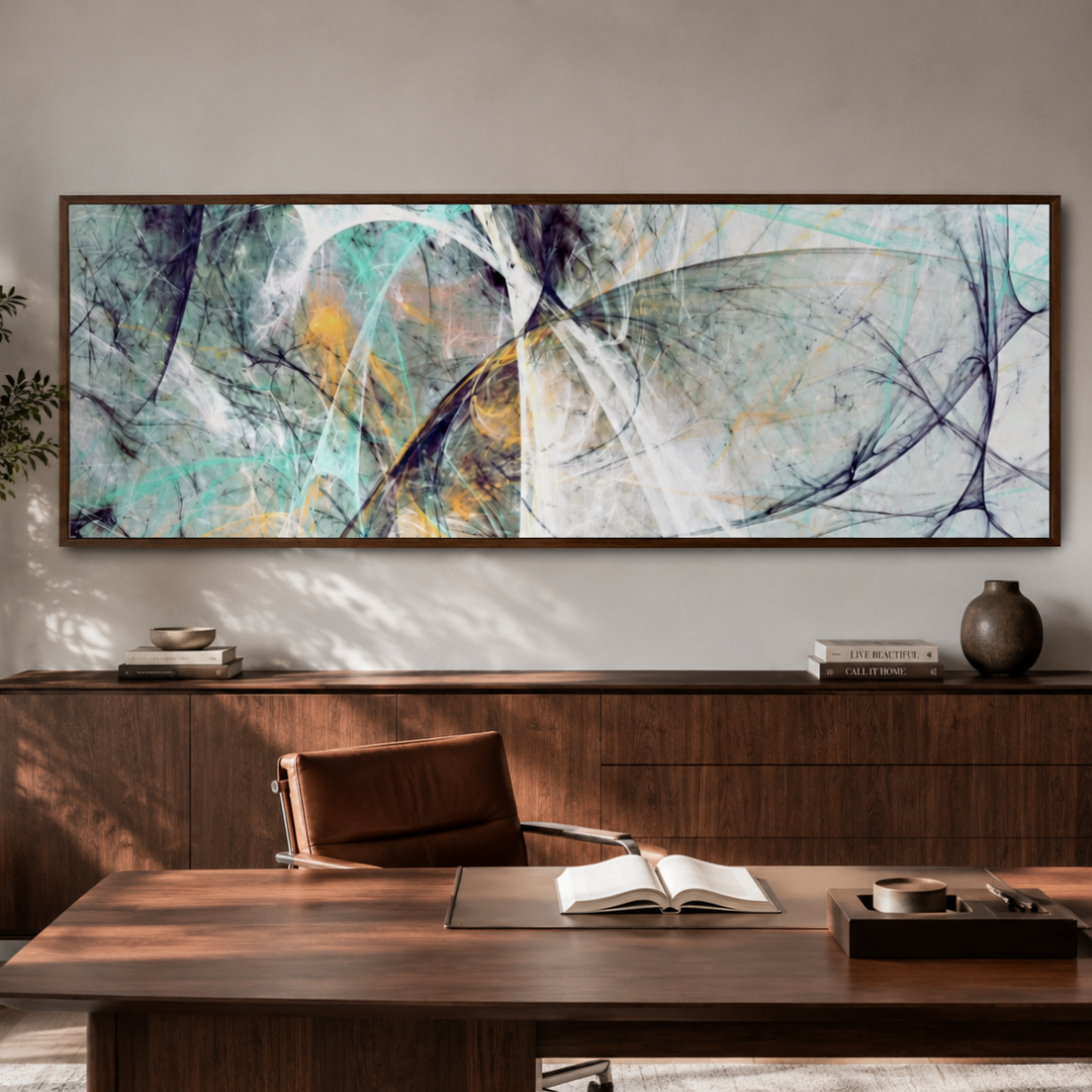 A large framed abstract canvas print with teal, white, gray, and gold brushstrokes hangs on a beige wall above a dark wood credenza and desk in a modern office setting.