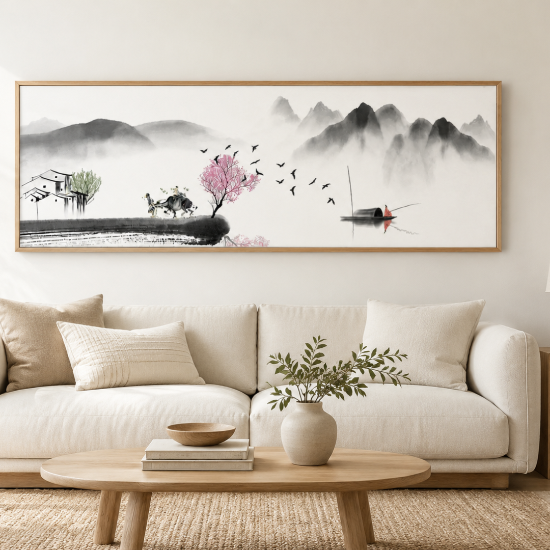 Mist Valley Ink Wash Landscape Panoramic Canvas Print