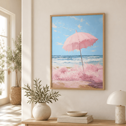 Pink Parasol Shore Canvas Print