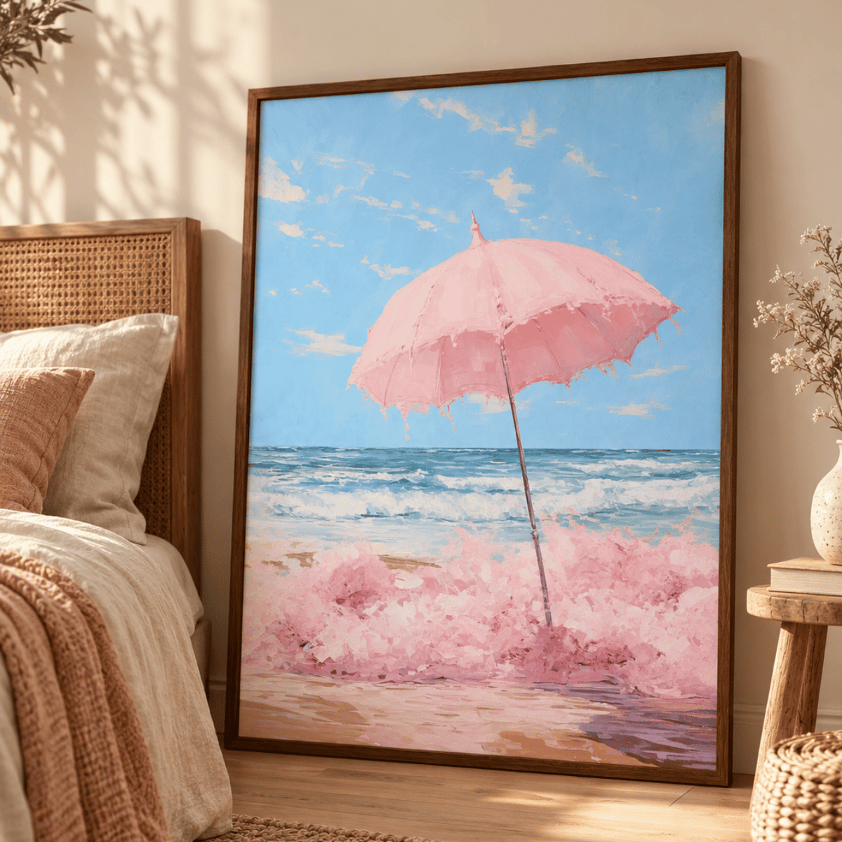 Pink Parasol Shore Canvas Print
