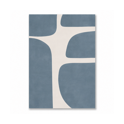 An abstract rectangular wall art print featuring a minimalist design with a slate blue background and a cream-colored organic cross-like pattern, shown against a plain white background.