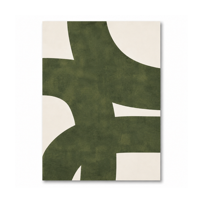 An abstract art print featuring a textured dark olive green organic shape on a warm cream background, shown as a vertical rectangular canvas against a plain white background.