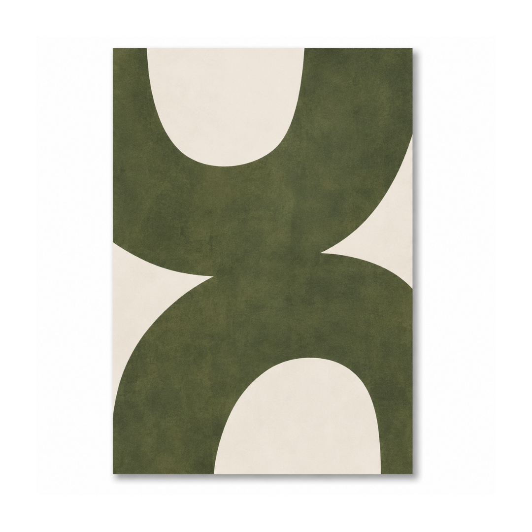 An abstract art print featuring organic, flowing shapes in olive green and cream, presented as a vertical rectangular canvas against a clean white background.