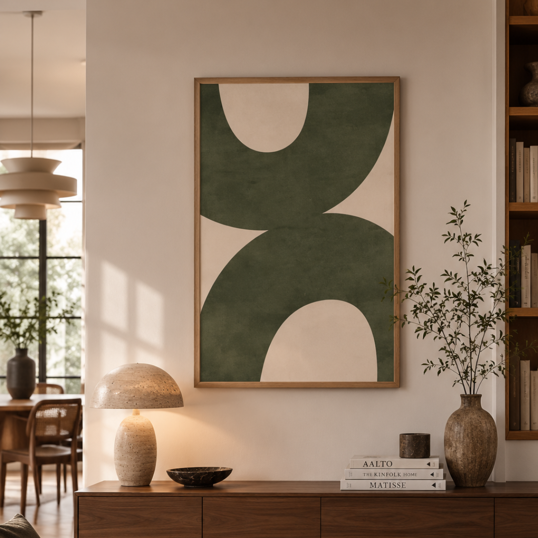 A framed abstract art print featuring large organic shapes in dark green and cream, displayed on a beige wall above a wooden console table in a modern, sunlit living room.