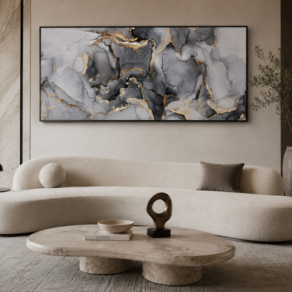 Grey & Gold Abstract Marble Panoramic Canvas Print