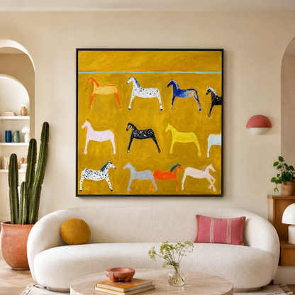 Golden Horse Parade Folk Art Canvas Print