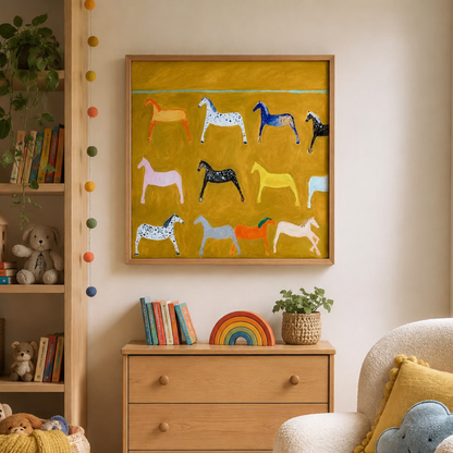 Golden Horse Parade Folk Art Canvas Print