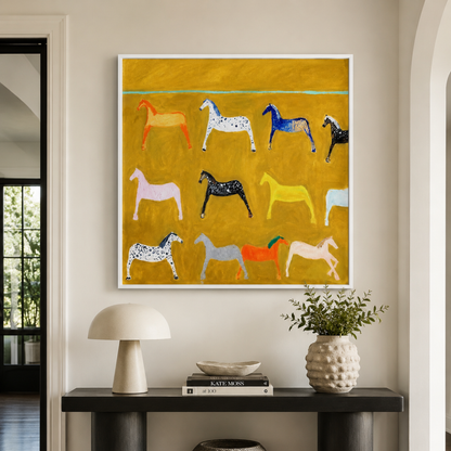 Golden Horse Parade Folk Art Canvas Print
