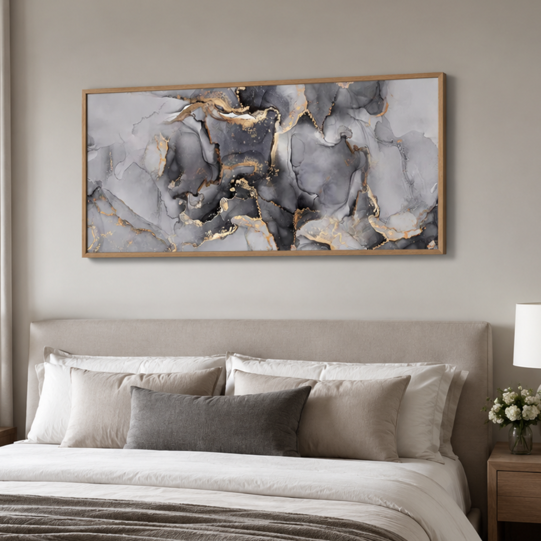 Grey & Gold Abstract Marble Panoramic Canvas Print