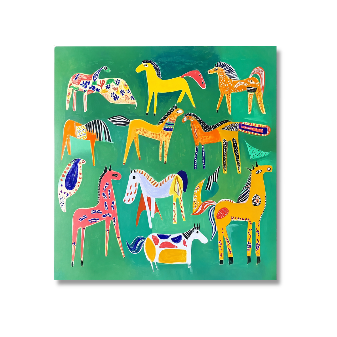 A square canvas art print featuring a collection of whimsically stylized horses in vibrant, multicolored patterns against a textured teal-green background, shown on a clean white backdrop.