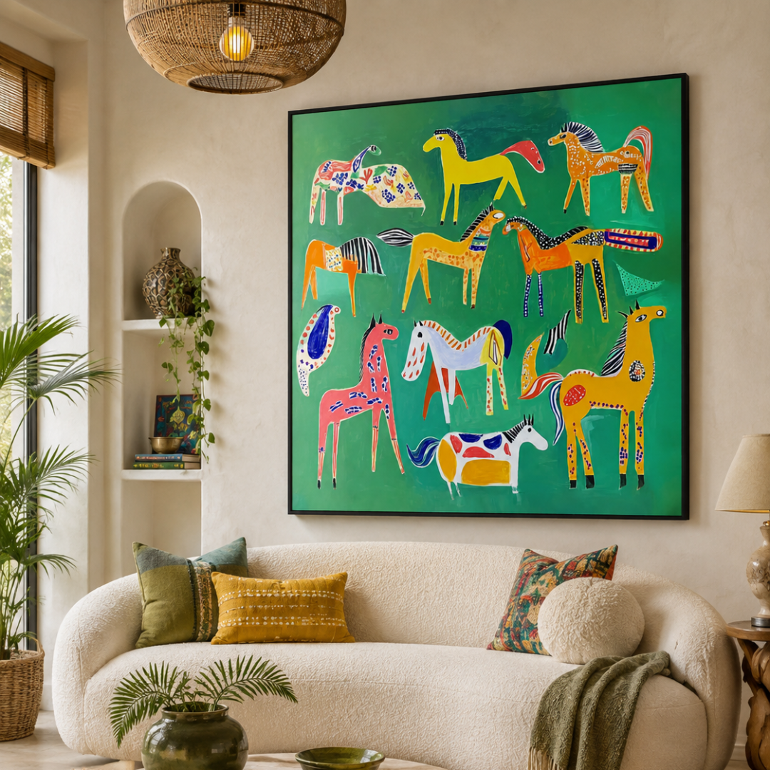 Emerald Horse Parade Colourful Folk Art Canvas Print