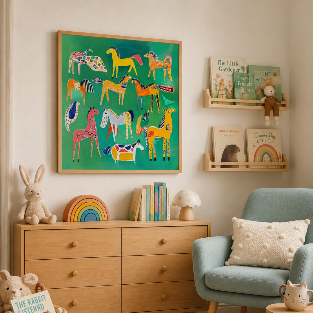 Emerald Horse Parade Colourful Folk Art Canvas Print