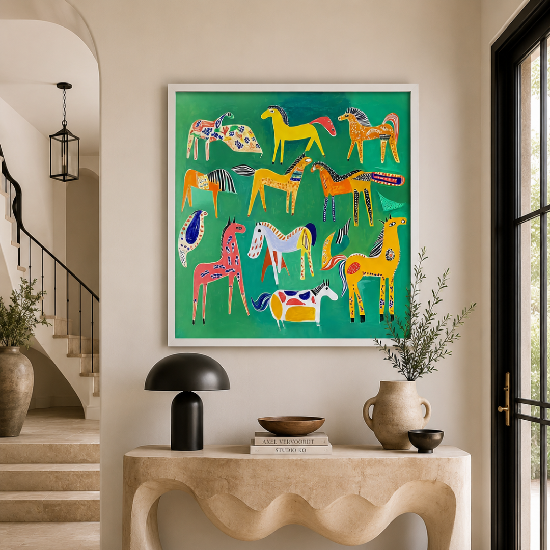 Emerald Horse Parade Colourful Folk Art Canvas Print