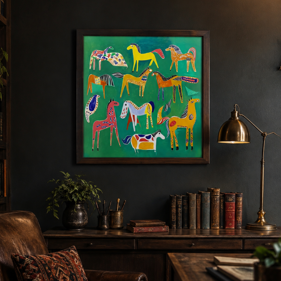 Emerald Horse Parade Colourful Folk Art Canvas Print