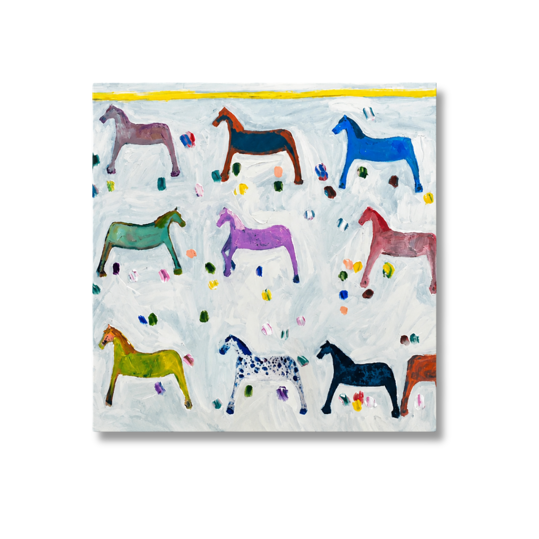 A square canvas art print featuring a whimsical pattern of colorful painted horses on a textured off-white background, displayed against a clean white wall.