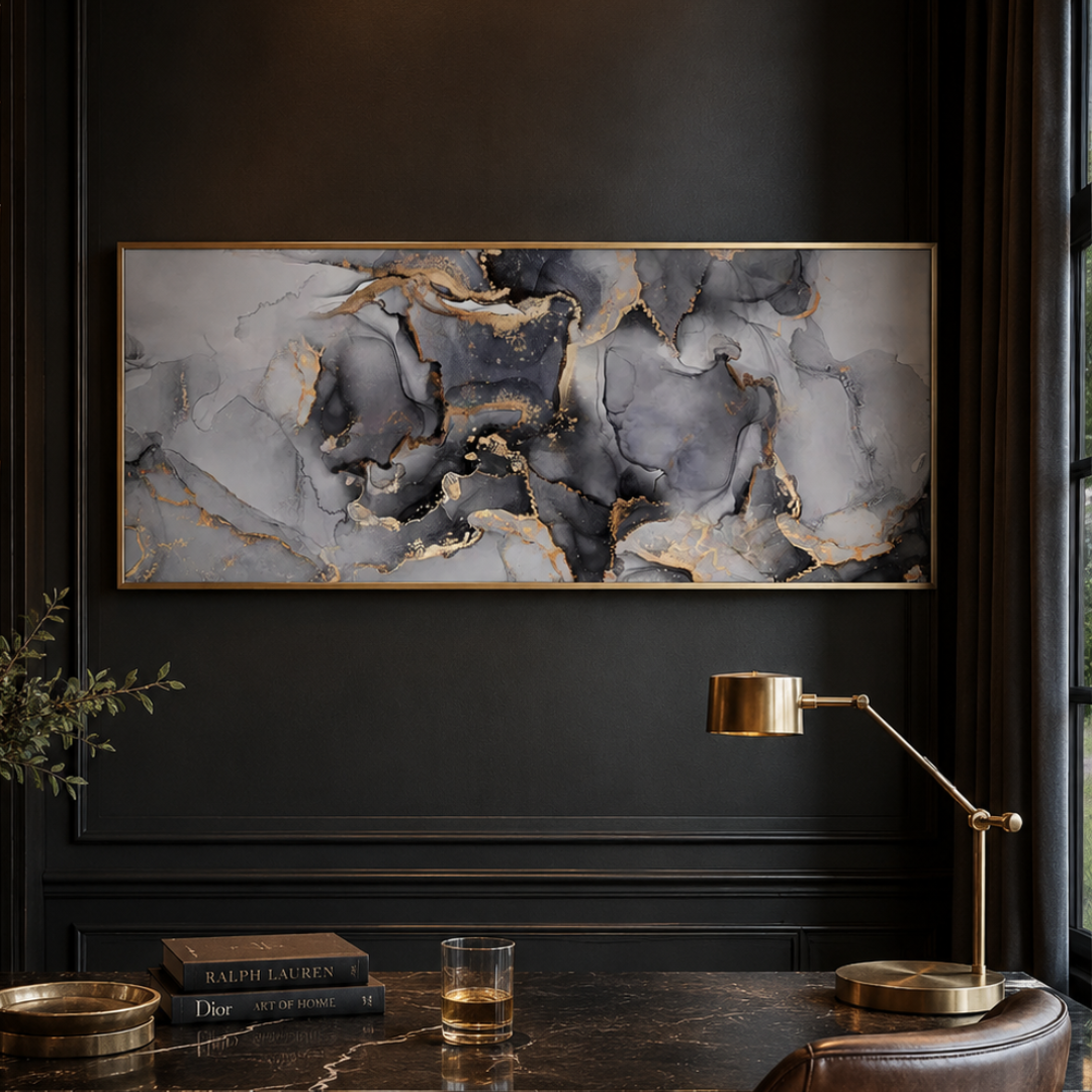 Grey & Gold Abstract Marble Panoramic Canvas Print
