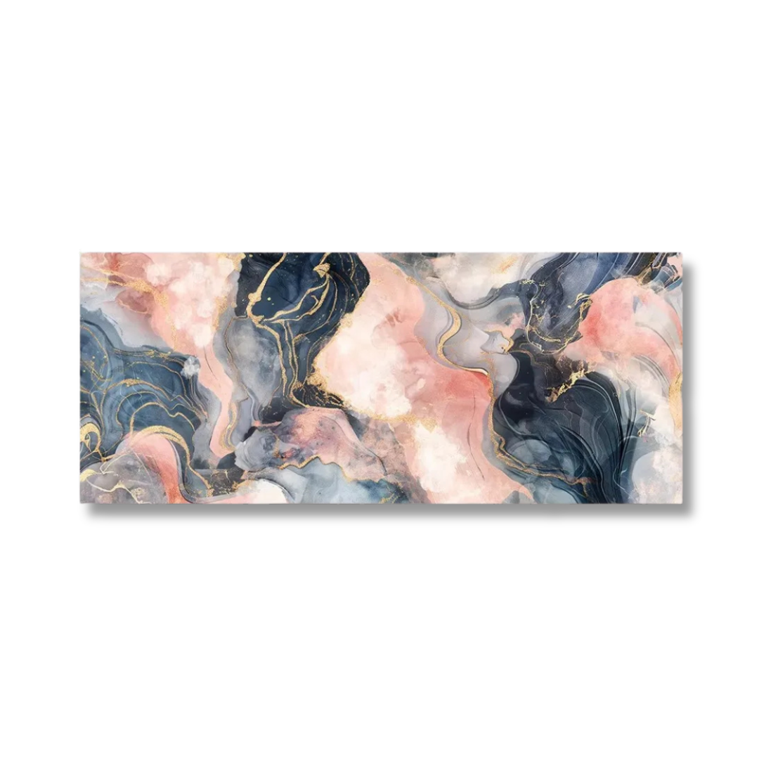 Abstract rectangular wall art featuring a marbled fluid design in blush pink, navy blue, gray, and white with thin gold veining, shown against a plain white background.