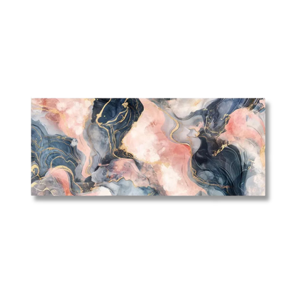 Abstract rectangular wall art featuring a marbled fluid design in blush pink, navy blue, gray, and white with thin gold veining, shown against a plain white background.