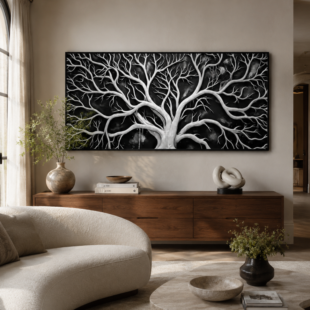 Midnight Branches Black & White Panoramic Canvas Print