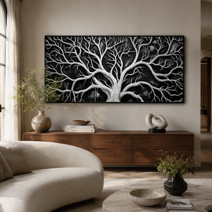 Midnight Branches Black & White Panoramic Canvas Print